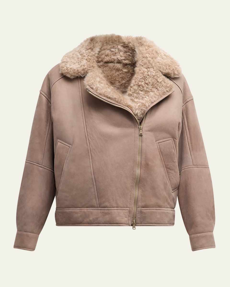 Bonded Suede With Shearling Oversized Moto Jacket